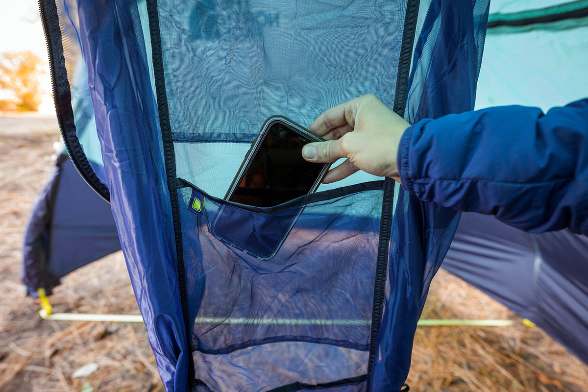 The North Face Wawona 6 camping tent (stashing phone in mesh pocket)